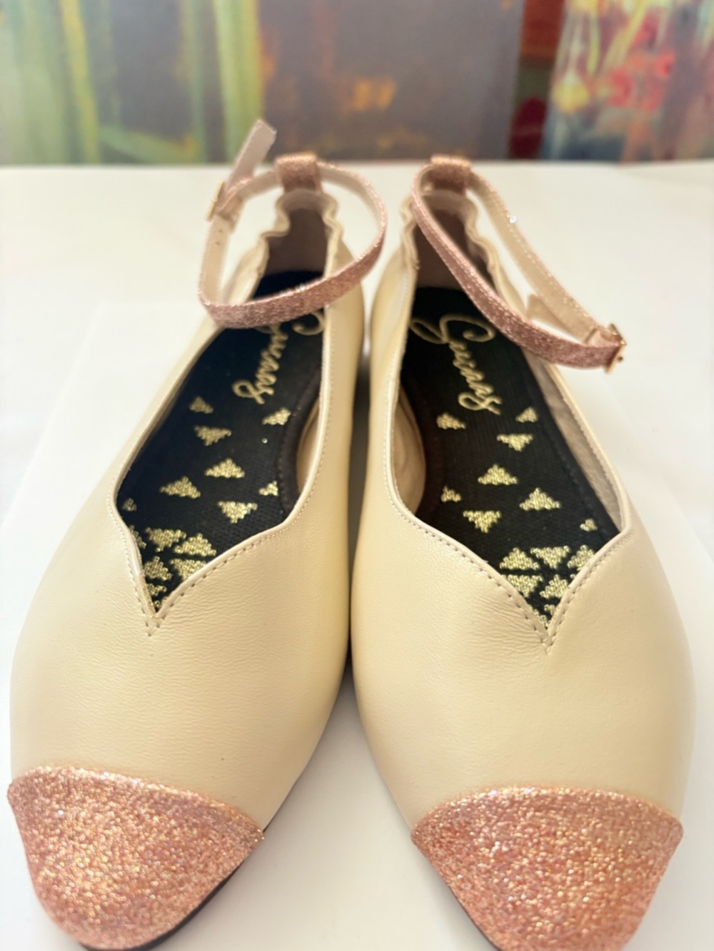Seecaas Cream Ballet Flats with Rose Gold Glitter Toe and Ankle Strap - Size 7